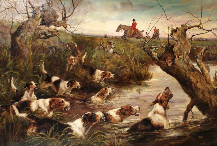 The Hunt with hounds chasing a fox in the foreground